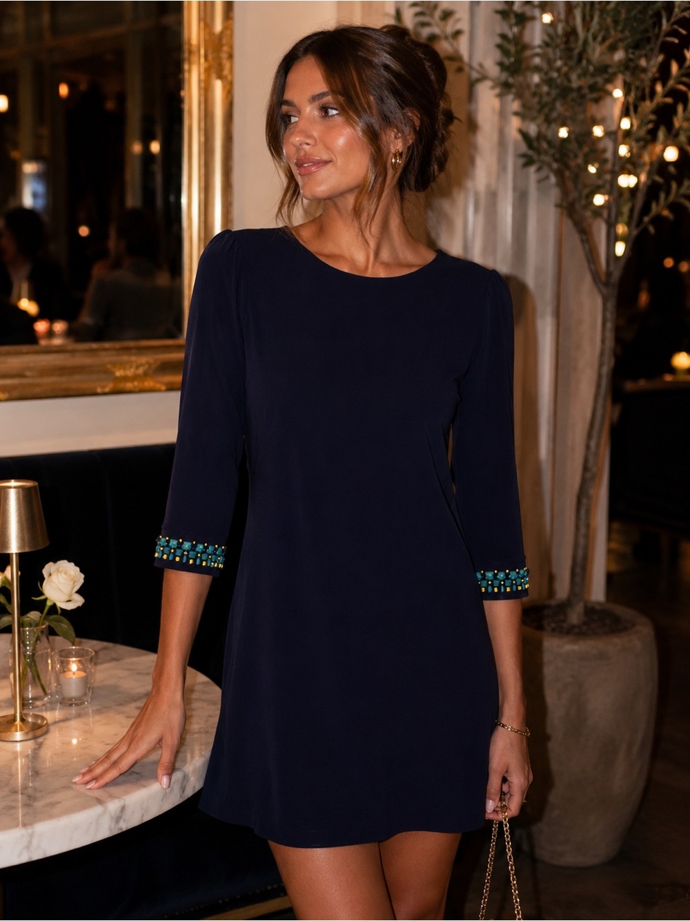 Laundry By Shelli Segal Navy Shift Dress with Beaded Cuffs